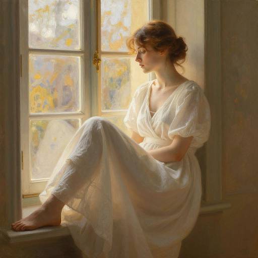 Digital painting of a fair-skinned woman with brown hair, wearing a white, loose, flowing dress, sitting by a sunlit window, bathed