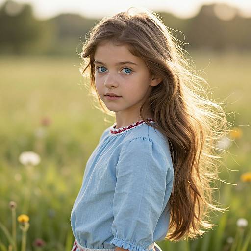 Photograph of a young girl with long brown hair, blue eyes, and light blue dress, standing in a sunlit meadow.
