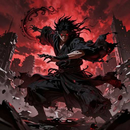 Dynamic digital artwork of a fierce, black-haired warrior with glowing red eyes, wielding dark energy against a red, apocalyptic cityscape.