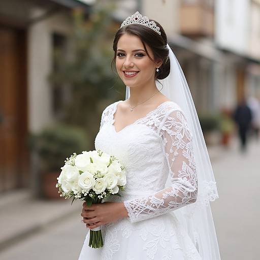 Photograph of a smiling bride in a white lace wedding dress, holding a bouquet of white roses, wearing a tiara and veil, standing in a