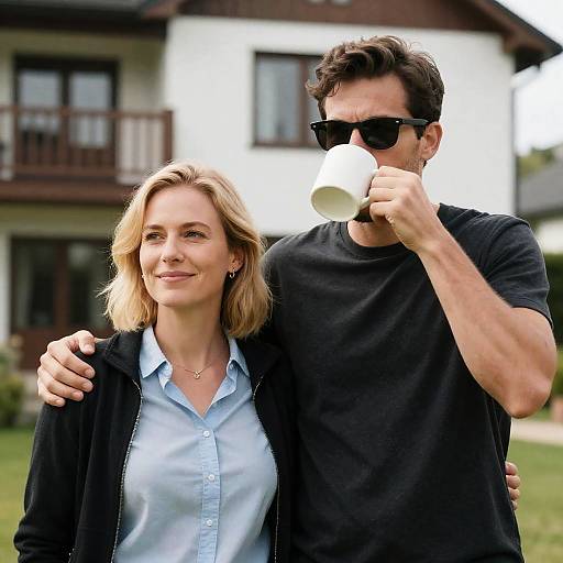 Couple outdoors with coffee mug