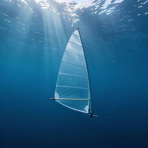 Photograph of a lone sailboat with a translucent white sail, silhouetted against deep blue underwater sunlight rays, floating serenely in an