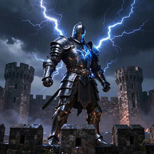 Photorealistic digital art of a muscular, armored warrior with glowing blue lightning, standing amidst broken stone blocks and towering medieval castle towers under a stormy