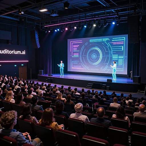Photograph of a darkened conference hall with an audience, two blue-lit presenters on stage, and a large digital screen displaying a colorful circular