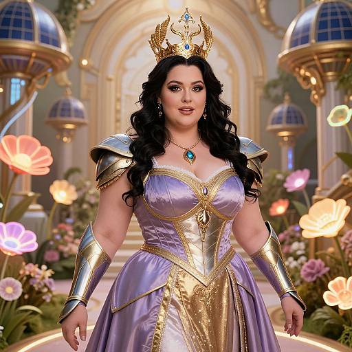 Digital illustration of a curvy, fair-skinned queen with long black hair, wearing a golden crown, lavender and gold armor dress, and blue gem
