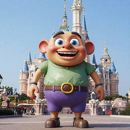 CGI cartoon of a chubby, smiling boy with green shirt, purple pants, brown belt, standing in front of Disney castle.