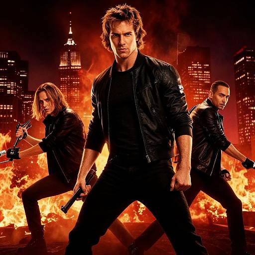 Photograph of three muscular men in black leather jackets, standing back-to-back, holding guns, in front of a fiery urban skyline.