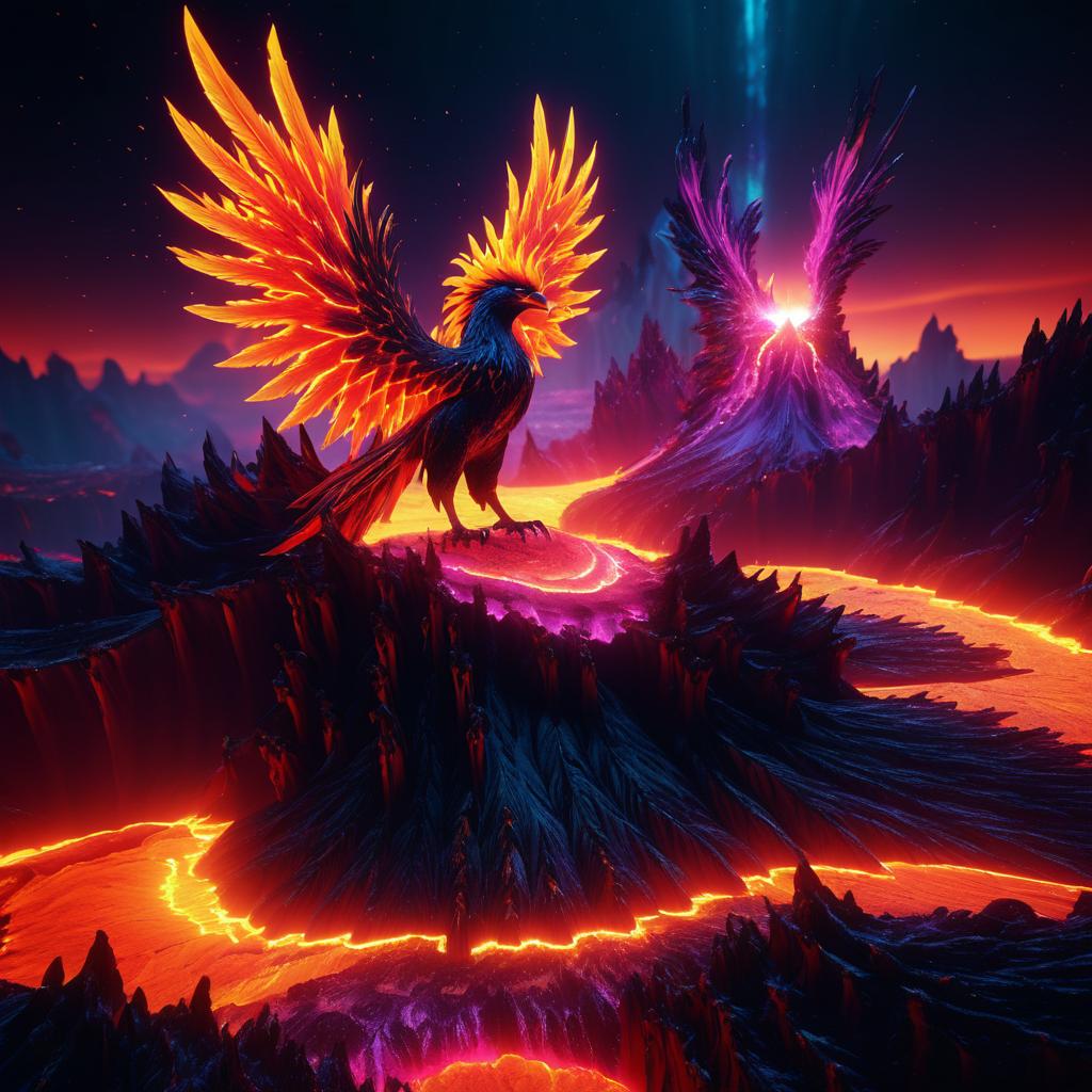 Vibrant Neon Phoenix in Volcanic Landscape