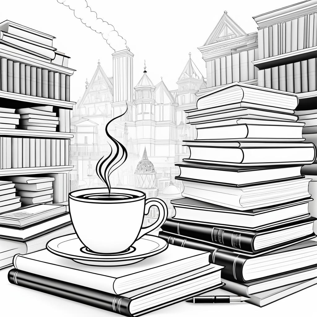 Cozy Coffee and Books Line Art