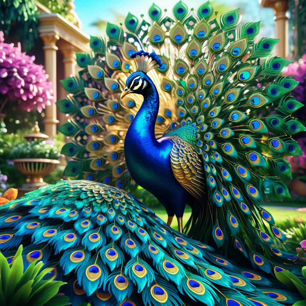 Vibrant Peacock in Ornate Garden Illustration