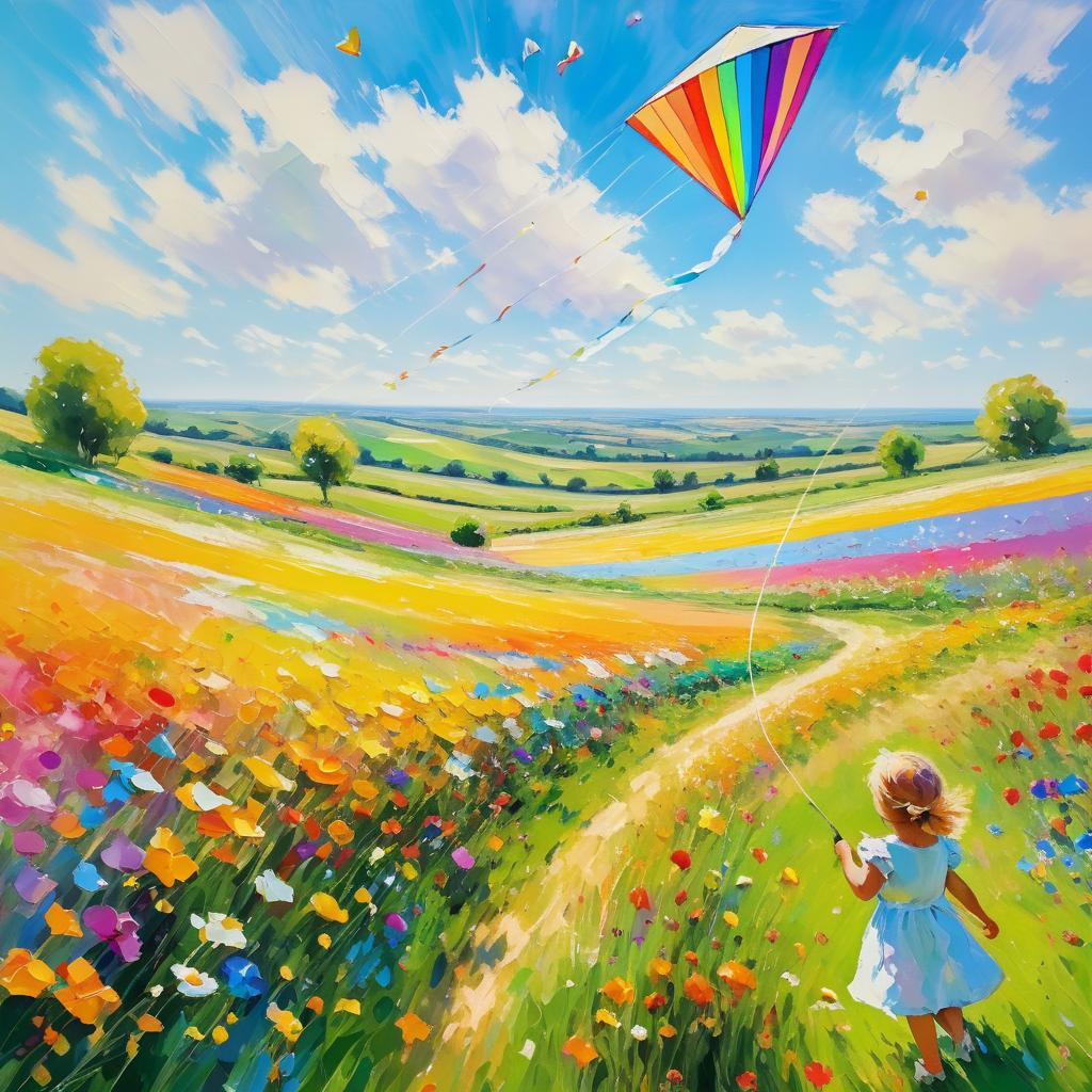 Impressionist Child Flying Kite in Nature