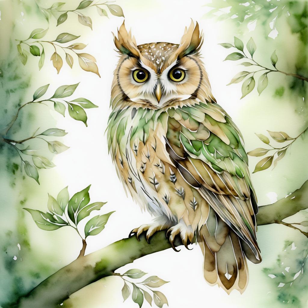 Dreamy Watercolor Owl in Serene Forest