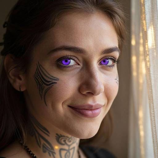 Photograph of a young woman with striking purple eyes, light brown hair, and black tribal face and neck tattoos, smiling softly by a sunlit window