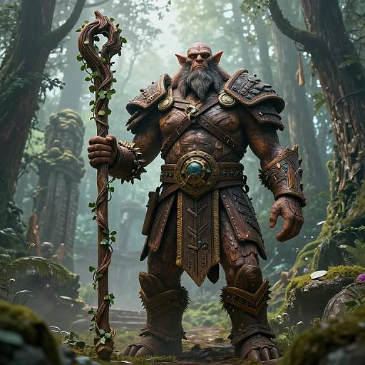 Digital art of a muscular, bearded orc warrior with pointed ears, holding a vine-wrapped staff, wearing detailed, bronze armor, standing in a