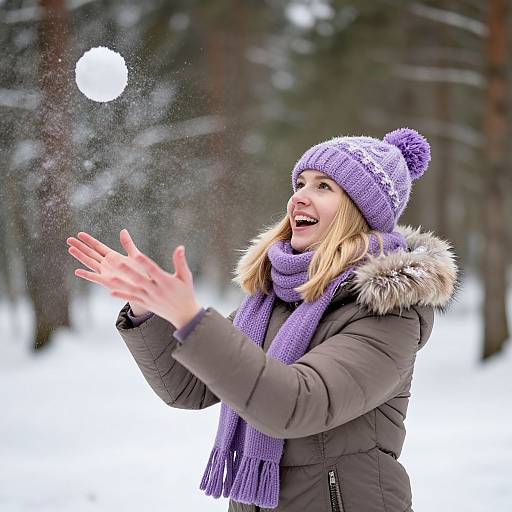 Photograph of a smiling blonde woman in a purple knit hat and scarf, brown winter coat with fur hood, catching snowball in snowy forest.