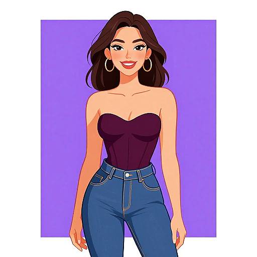 Digital illustration of a smiling woman with long brown hair, wearing a strapless black top, blue jeans, and large hoop earrings, against a purple background