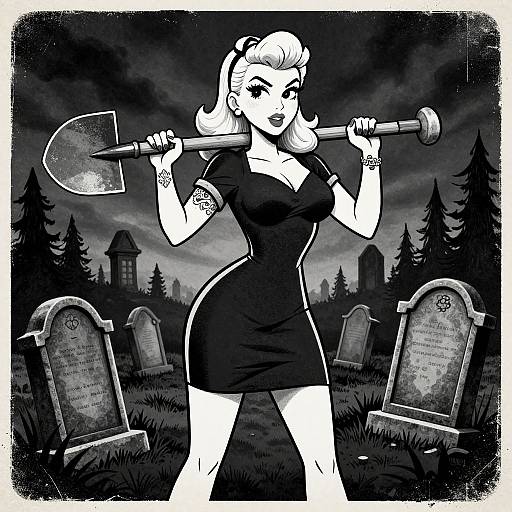 Black-and-white digital illustration of a curvy, 1950s-style woman in a tight dress, holding an axe over her shoulder, standing in
