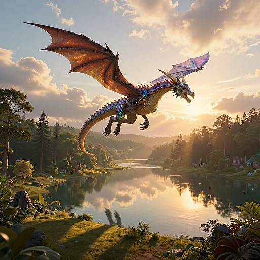 Photorealistic digital artwork of a vibrant blue and purple dragon with orange-scaled wings soaring over a serene lake at sunset, surrounded by lush forest and