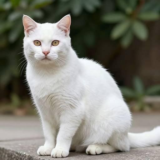 Photograph of a white cat with bright yellow eyes, sitting on a concrete surface, with green foliage blurred in the background.