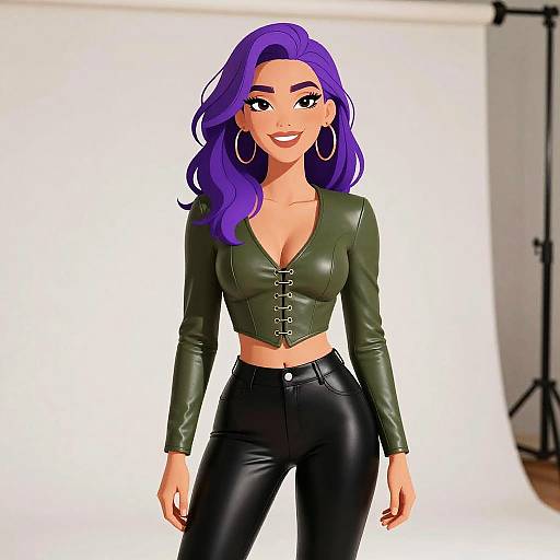 Digital cartoon of a confident woman with purple hair, green leather crop top, and black leather pants, wearing large hoop earrings, smiling against a white studio