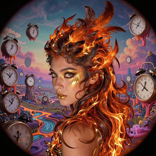 Digital art of a fiery-haired woman with glowing gold makeup, surrounded by floating clocks in a surreal, colorful cityscape.