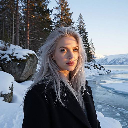 Photograph of a blonde woman with fair skin, wearing a black coat, standing in a snowy forest by a frozen river at sunset. Trees and snow