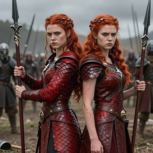 Photograph of two fierce, red-haired women in red, scale-armored warrior outfits, holding spears, standing back-to-back in a muddy battlefield