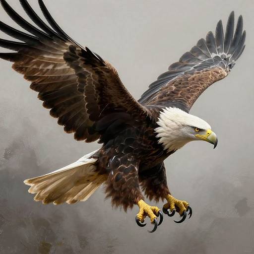 Photorealistic digital artwork of a majestic bald eagle in mid-flight, wings spread wide, sharp yellow talons, focused gaze, grey misty background