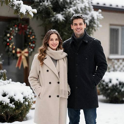 Smiling Couple in Snowy Winter Outdoors