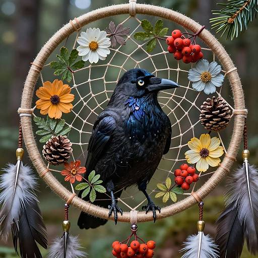 Photograph of a black crow perched on a dreamcatcher adorned with flowers, berries, pine cones, and feathers in a forest setting.