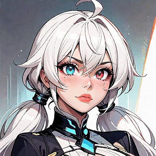 Digital anime-style portrait of a young woman with white hair, heterochromatic eyes (blue and red), and pink lips, wearing a black and white