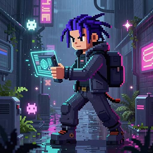 Pixel art of a blue-haired, determined boy in a black outfit, holding a glowing neon map in a rainy, neon-lit alley.