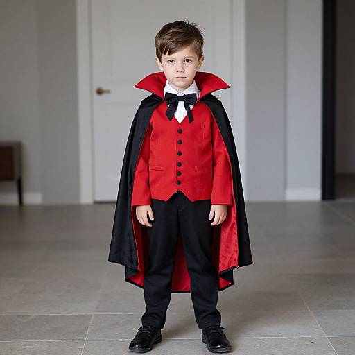 Photograph of a young boy with brown hair, wearing a red vampire costume with black cape, red vest, black pants, and black shoes, standing