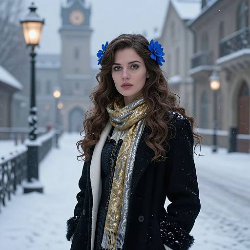 Photograph of a young woman with long, wavy brown hair, blue flower hairpiece, black coat, gold scarf, snowy winter street, blurred