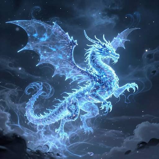 Digital artwork of a glowing, ethereal blue dragon with translucent wings and fiery mane, soaring against a starry, cloudy night sky.