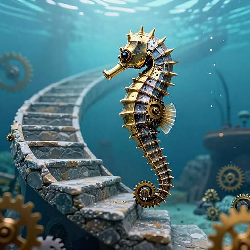 Photorealistic digital artwork of a mechanical, golden seahorse with spikes, swimming above a spiraling, stone staircase in a vibrant blue underwater setting