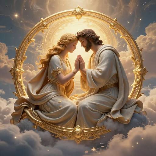 Digital art of a golden haloed, divine couple in flowing white robes, hands in prayer, floating on clouds with radiant sunlight behind.