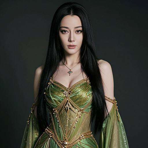 Photograph of an Asian woman with long black hair, wearing a green, gold-embellished off-shoulder dress with sheer sleeves, against