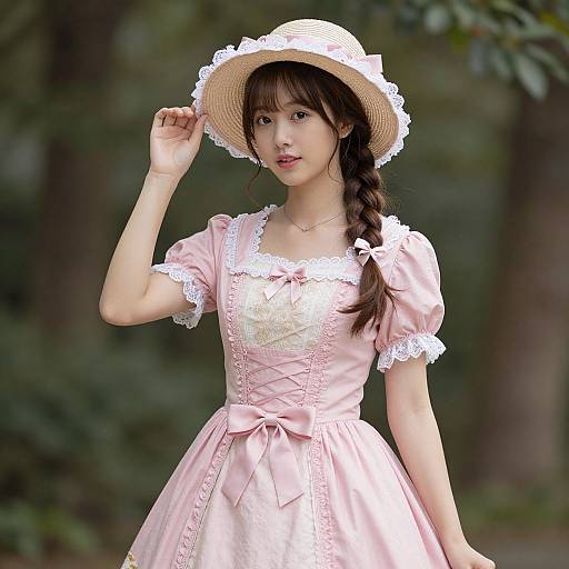 Photograph of an East Asian woman in a pink Victorian-style dress with white lace trim, wearing a straw hat with lace, standing in a forest.