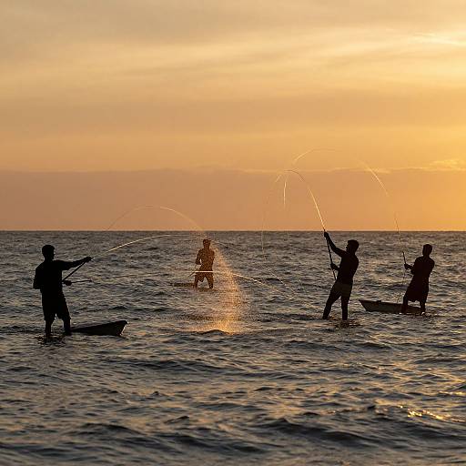 Dreamlike Fishermen Casting Luminous Lassos