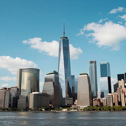 Photograph of New York City skyline featuring One World Trade Center, surrounded by various tall buildings, under a clear blue sky with white clouds, and a