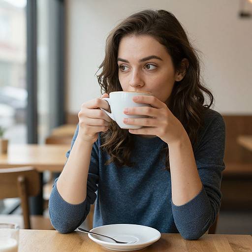 Photograph of a young woman with wavy brown hair, wearing a blue sweater, sipping from a white cup, seated at a wooden table in