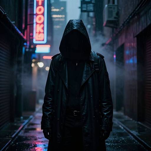 Mysterious figure in black leather hooded jacket, standing in neon-lit, rainy urban alleyway with 