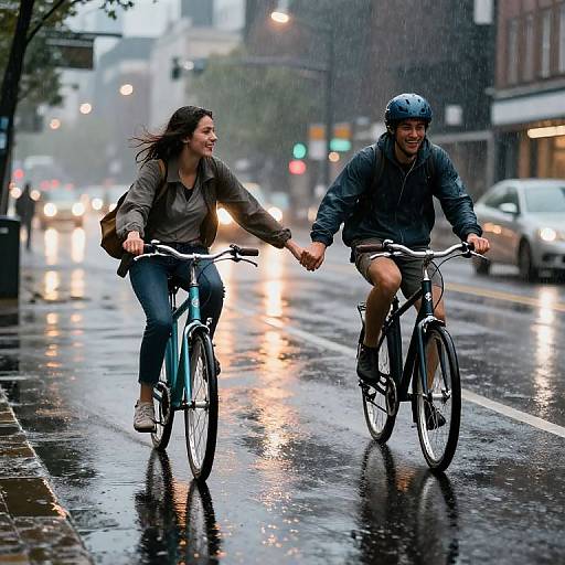 Photograph of a smiling woman and a smiling man riding bicycles in the rain on a wet, reflective city street.