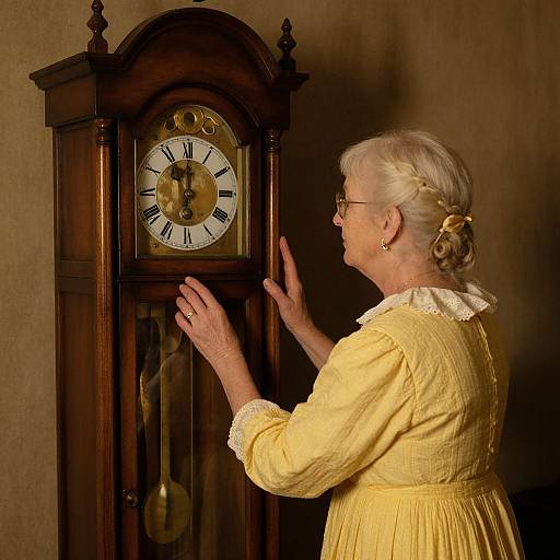Elderly woman with blonde hair in yellow dress adjusts antique wooden grandfather clock with black Roman numerals, against brown wallpaper.