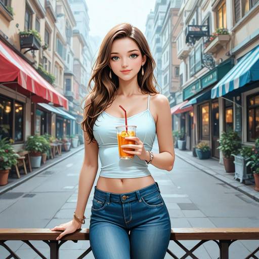 Young woman drinking iced tea on city street