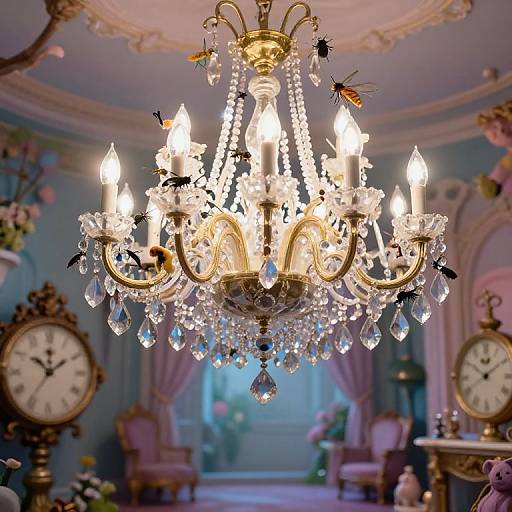 Photograph of an ornate, gold chandelier with crystal droplets, glowing candles, and black butterfly decorations, set in a vintage, blue-w