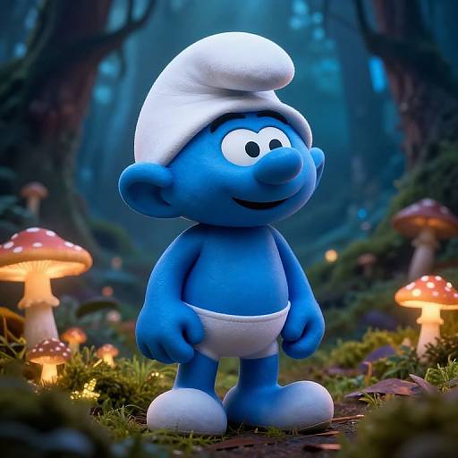 CGI image of a blue, cartoon character with a white hat and diaper, standing in a glowing mushroom forest at night.