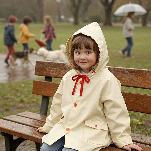 Photograph of a smiling young girl with brown hair in a yellow hooded raincoat, sitting on a wooden bench in a rainy park, with blurred