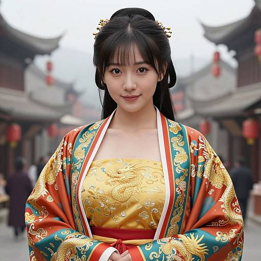 Photograph of an Asian woman with black hair in a traditional golden and red Chinese dragon-patterned kimono, standing in a bustling, traditional Chinese street